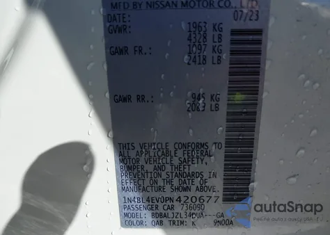 2023 Nissan Altima Sl Fwd z USA, uszkodzony, nr VIN 1N4BL4EV0PN420677